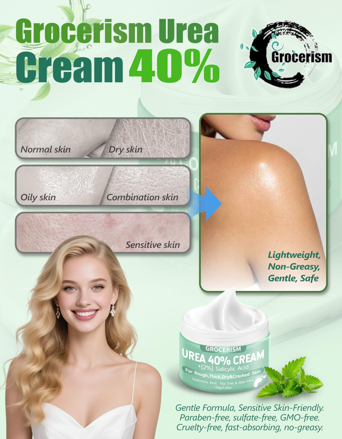 Grocerism ingredient label close-up highlighting urea and salicylic acid benefits