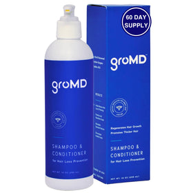 GroMD front label showing branding and 10 oz size, highlighting active ingredients for fuller hair