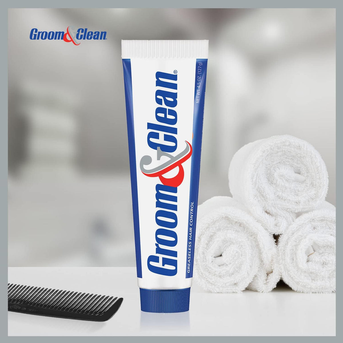 Groom & Clean tube close-up displaying cap and branding for easy handling