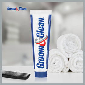 Groom & Clean tube close-up displaying cap and branding for easy handling