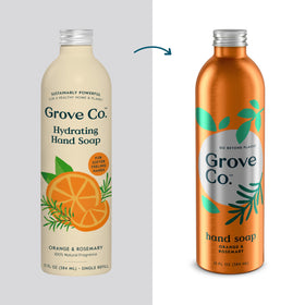 Grove Co. aluminum can detail and cap, durable recyclable refill container benefit