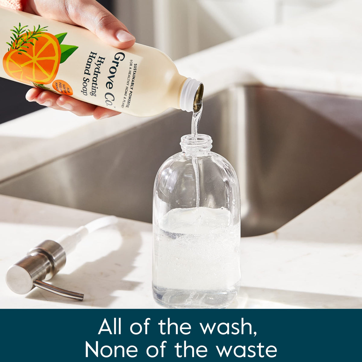 Grove Co. reusable dispenser with soap bottle, convenient everyday hand cleansing