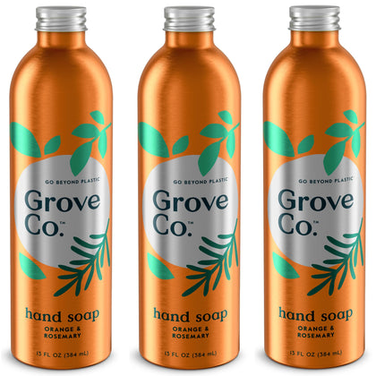 Grove Co. front packaging shows orange and rosemary scent, reduces plastic waste