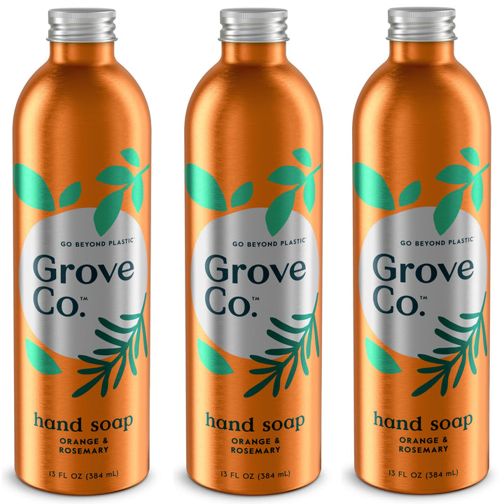 Grove Co. front packaging shows orange and rosemary scent, reduces plastic waste