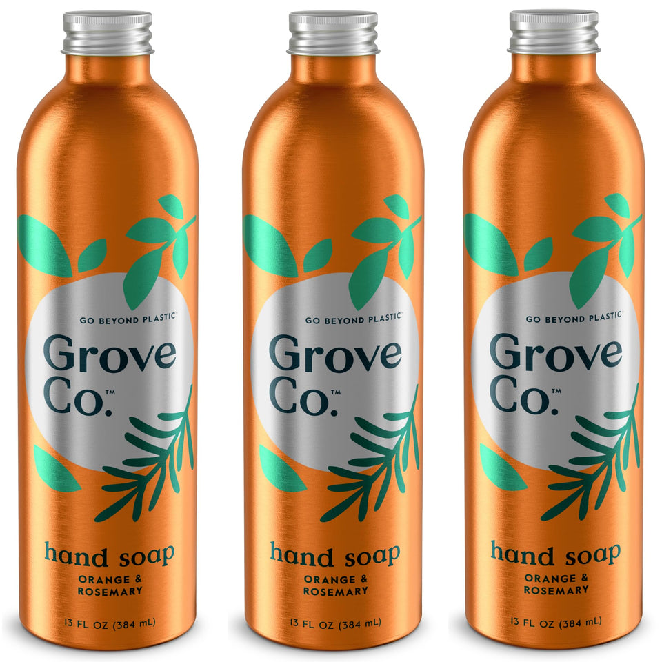 Grove Co. front packaging shows orange and rosemary scent, reduces plastic waste