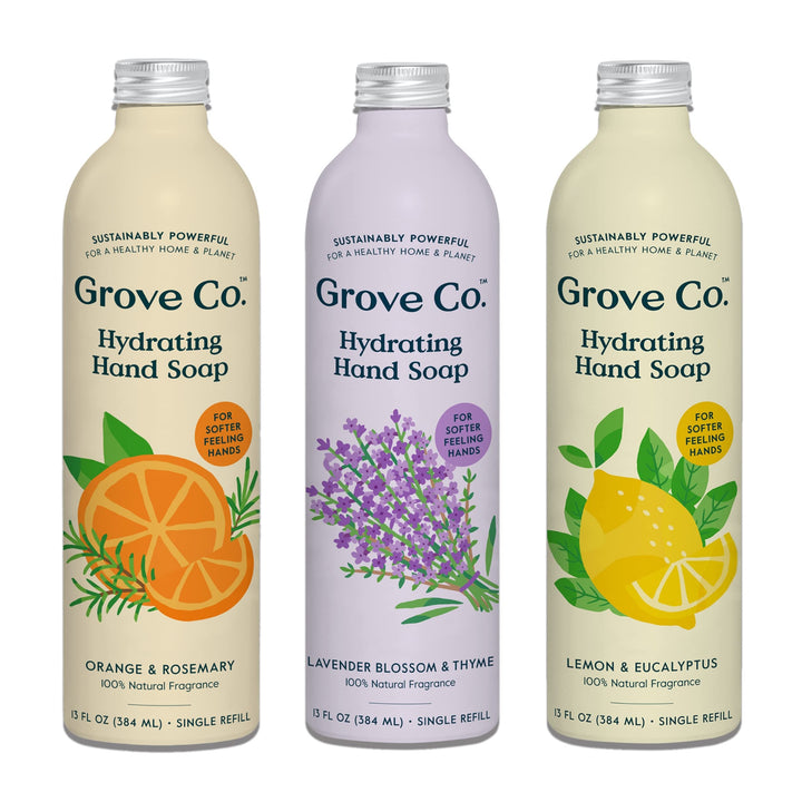 Grove Co. refill pack front view showing three aluminum cans and eco box for reduced plastic