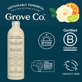 Grove Co. size comparison next to common bottle, three 13 fl oz refills value