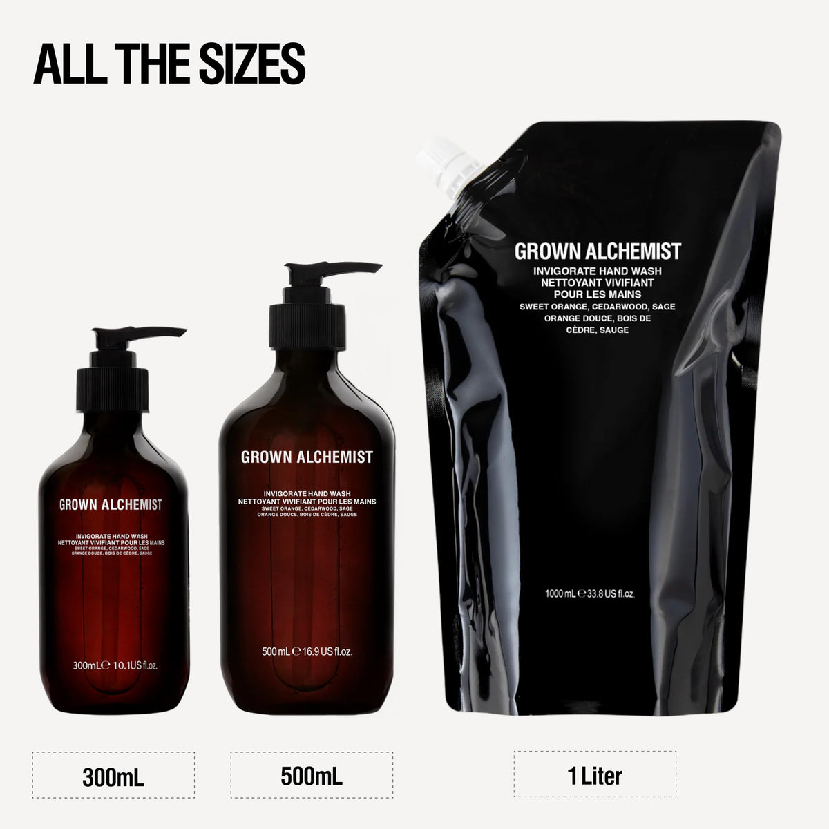 Grown Alchemist bottle beside refill pouch promoting reduced waste and easy refills