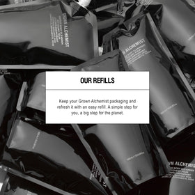 Grown Alchemist pump bottle filled from pouch illustrating refill convenience