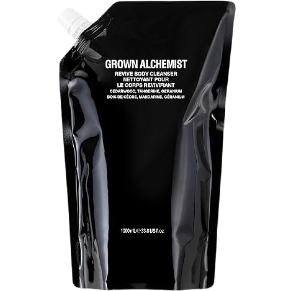 Grown Alchemist 1L refill pouch front view showing packaging and scent benefits