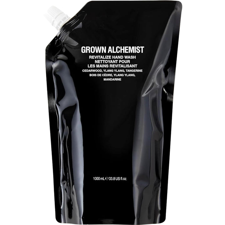 Grown Alchemist front pouch showing refill branding and capacity benefit