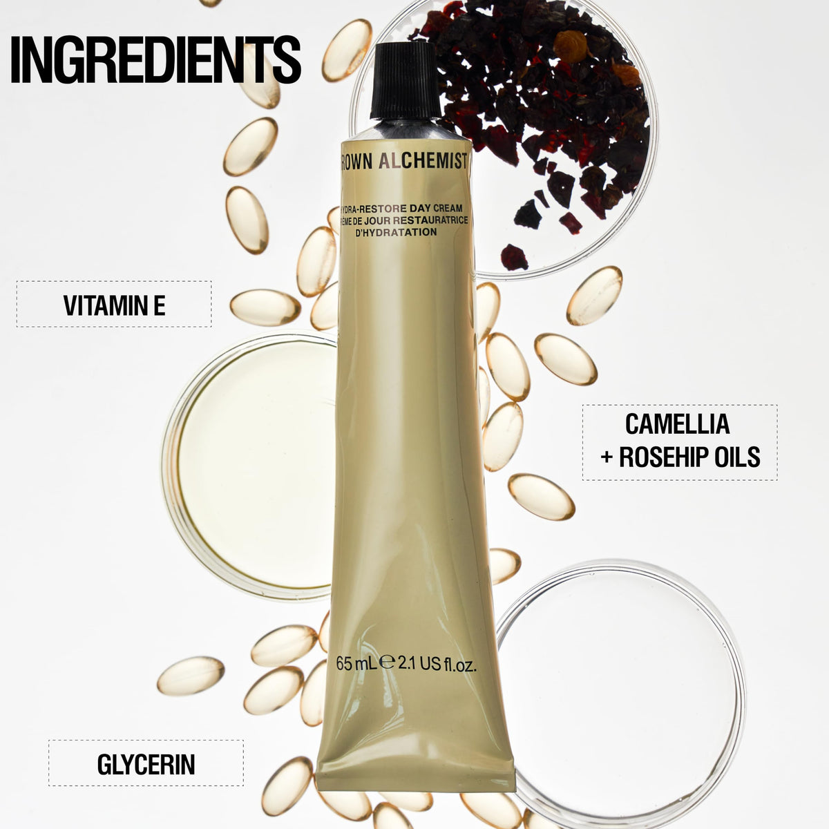 Grown Alchemist ingredients flatlay with aloe rosehip jojoba showing botanical hydration benefit