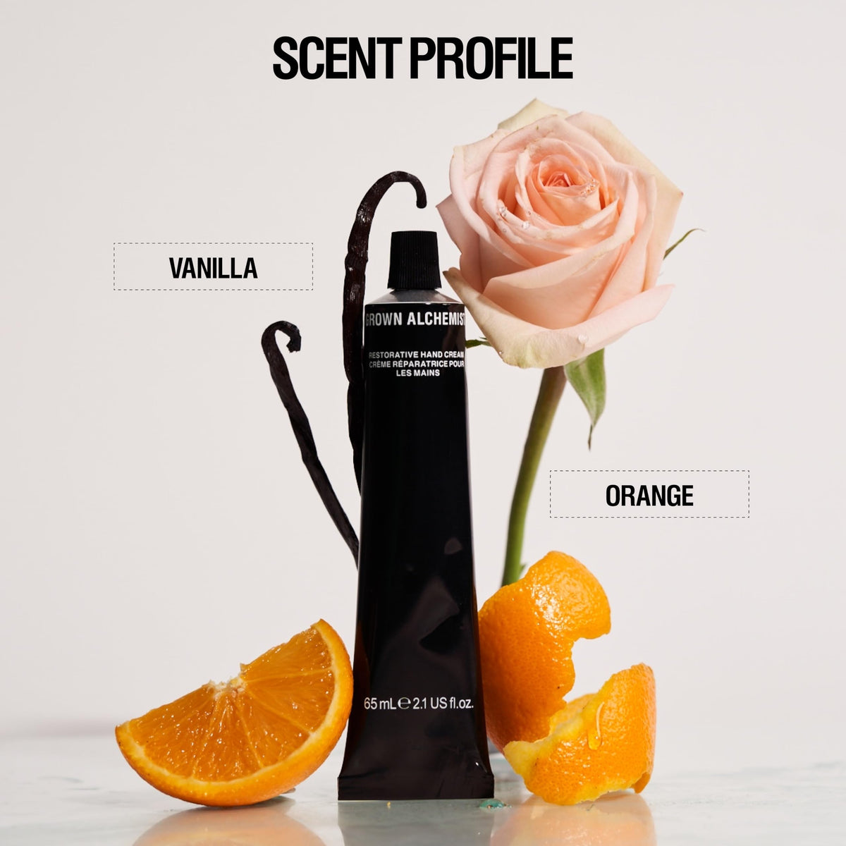 Grown Alchemist vanilla and orange peel ingredients arranged, highlighting antioxidant support