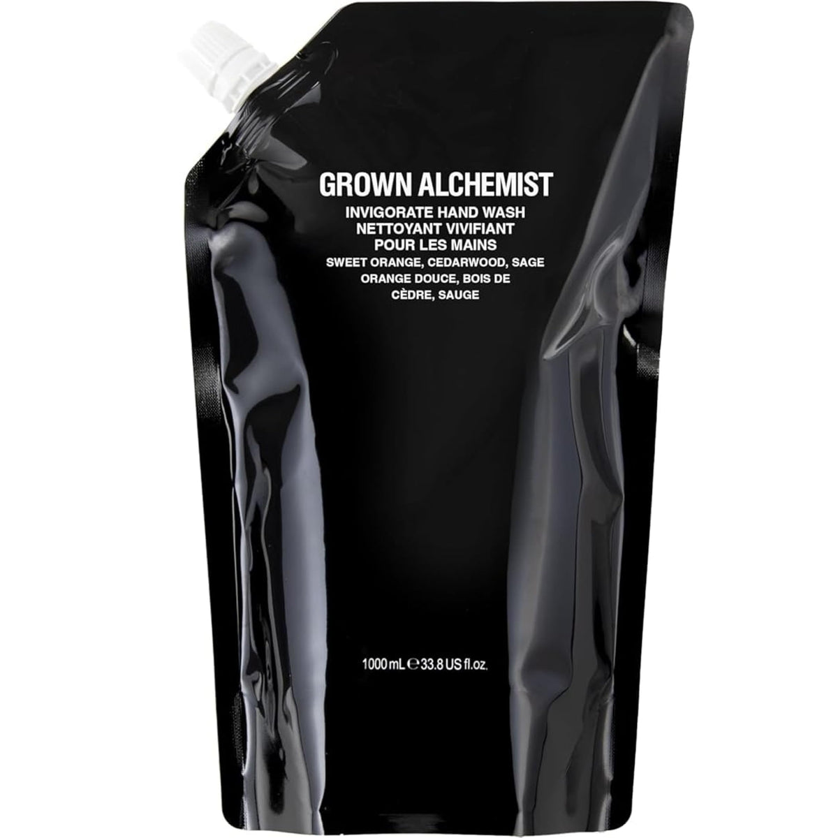 Grown Alchemist front-facing 1L refill showing packaging and sustainable design benefits