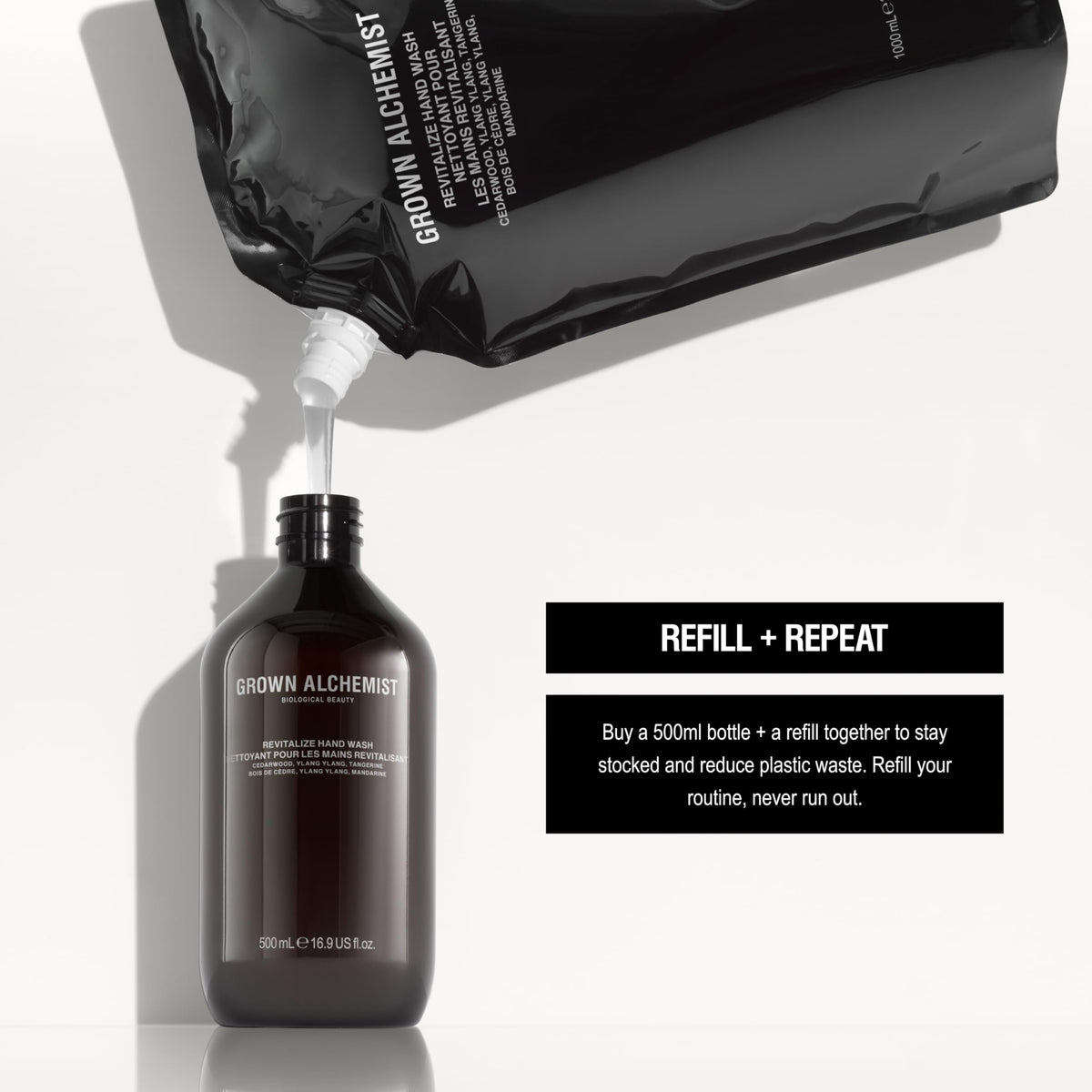 Grown Alchemist hand wash styled in bathroom for refined self-care setting