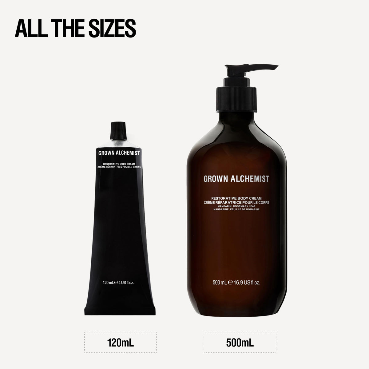 Grown Alchemist 120ml size comparison beside a hand to show travel-friendly volume