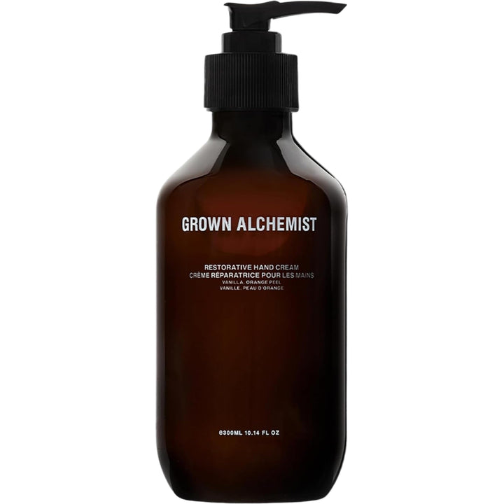 Grown Alchemist hand cream front view showing 300 mL bottle and packaging benefit hydration