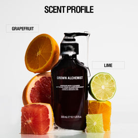 Grown Alchemist bottle next to hand for scale showing practical 300ml size