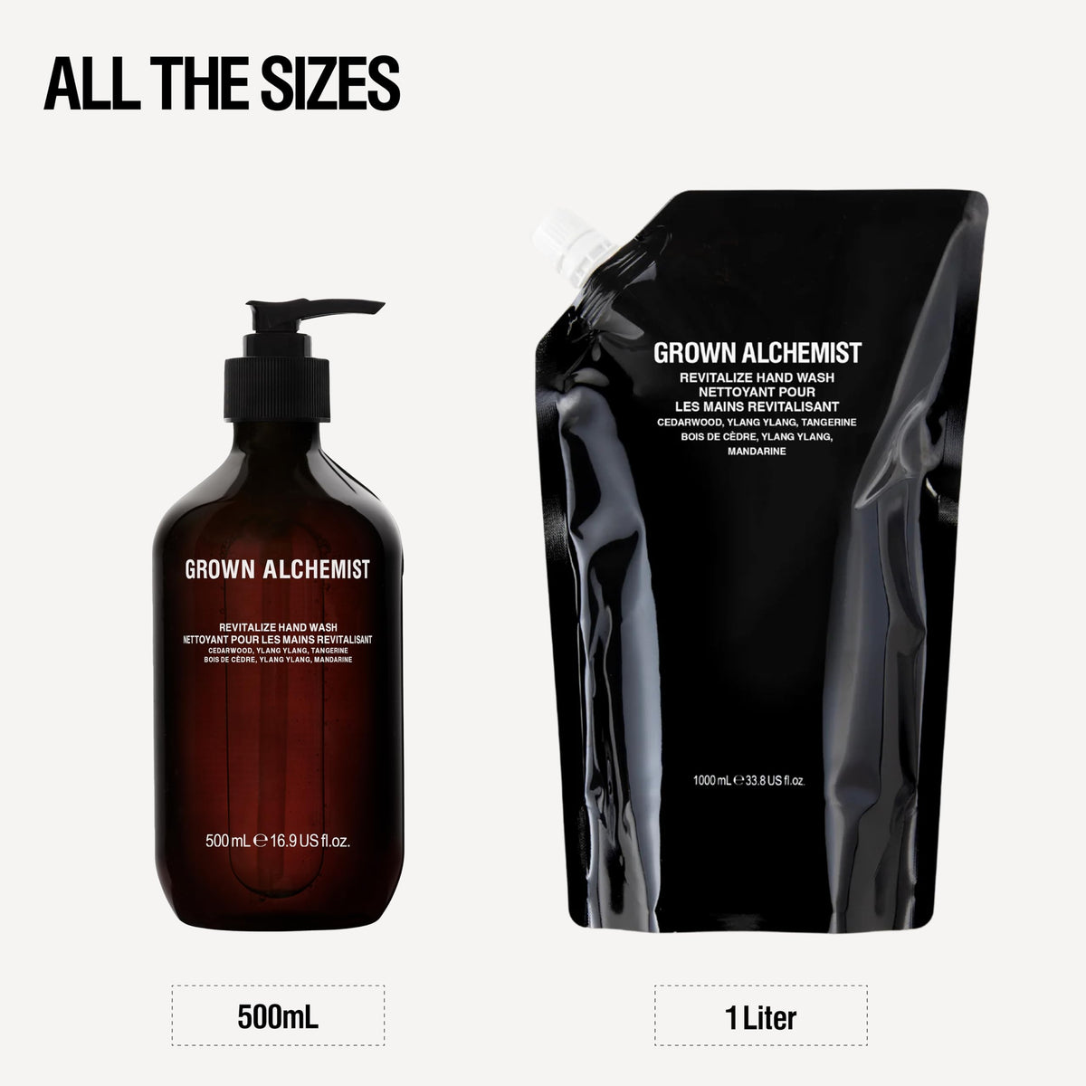 Grown Alchemist 1L pouch next to bottle to show size and value