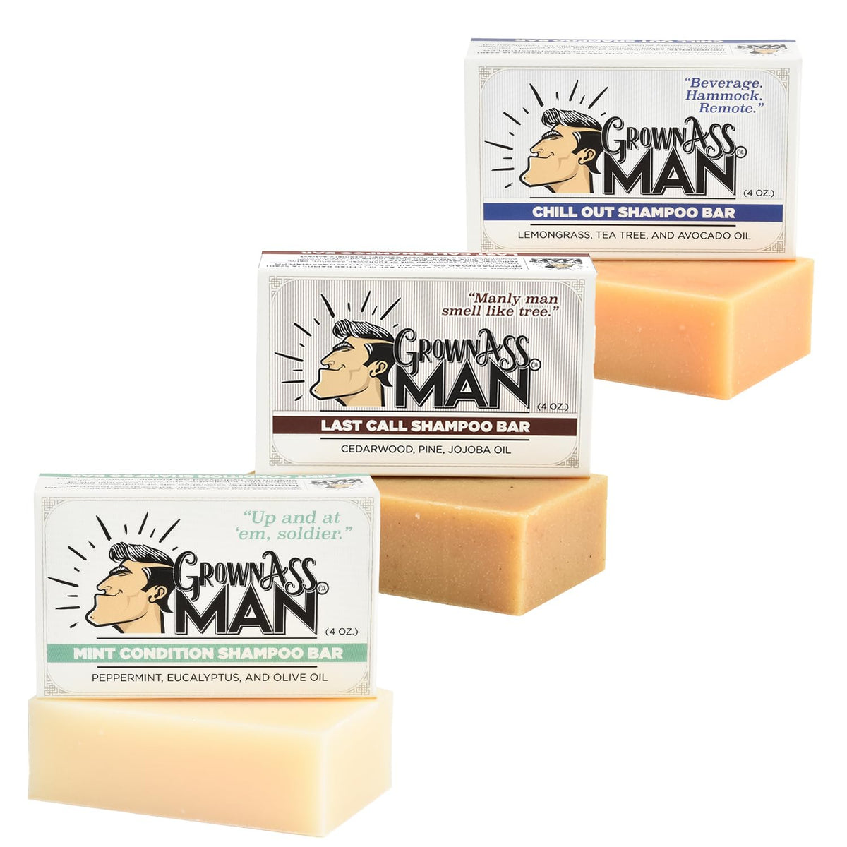 Grown Ass Man Co. front packaging showing plastic-free 3-pack and branding benefit