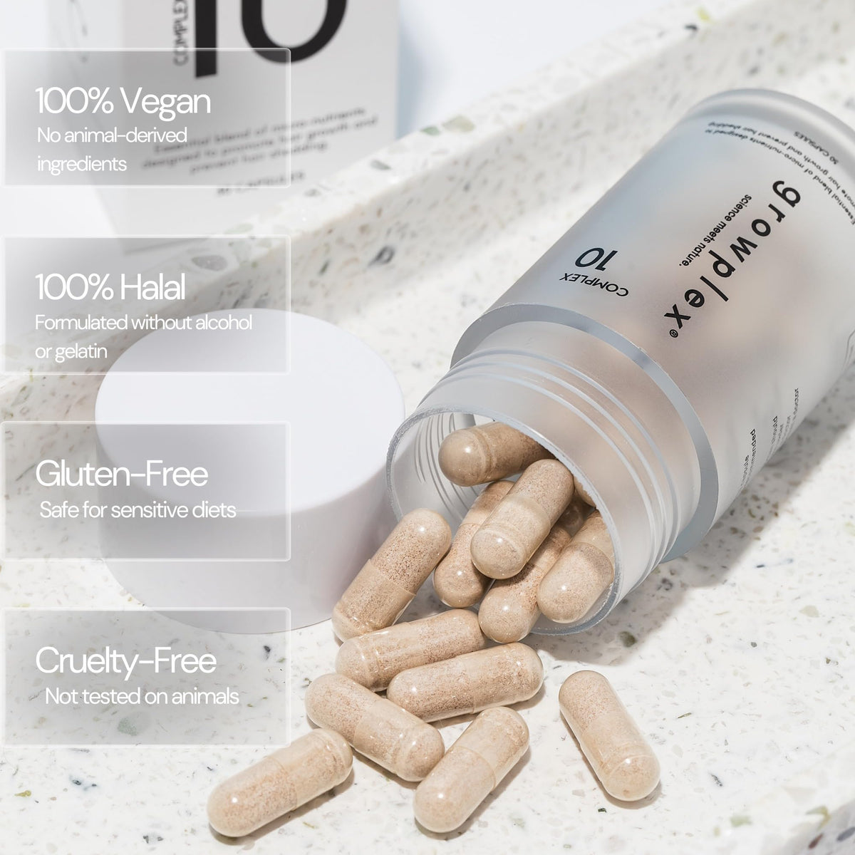 GROWPLEX ingredient display with biotin and collagen for support