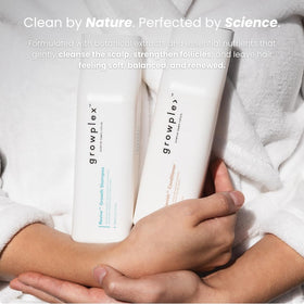 GROWPLEX in-shower lifestyle scene showing refreshed scalp and manageable hair