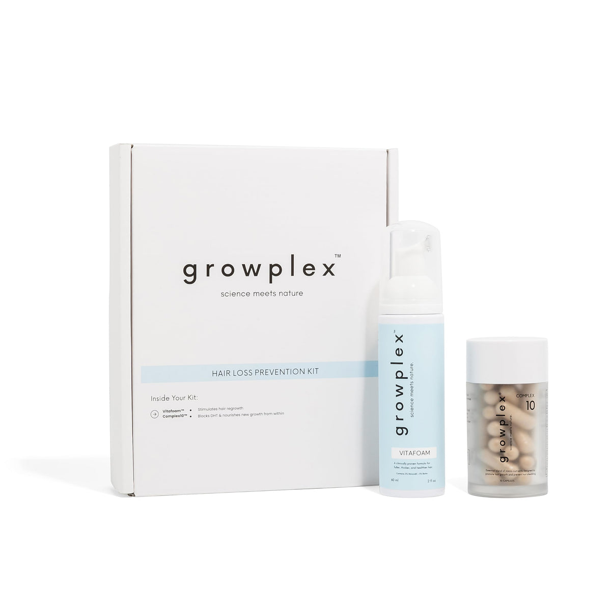 Growplex Vitafoam front packaging showing lightweight scalp foam benefit