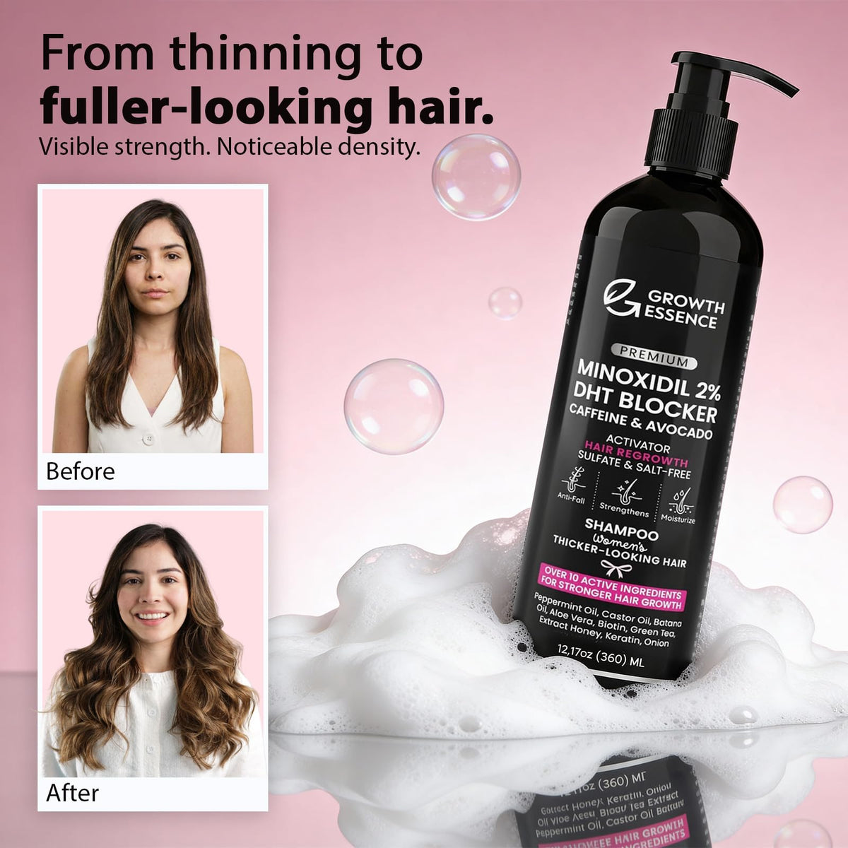 Growth Essence bottle beside keratin strands for strengthening effect