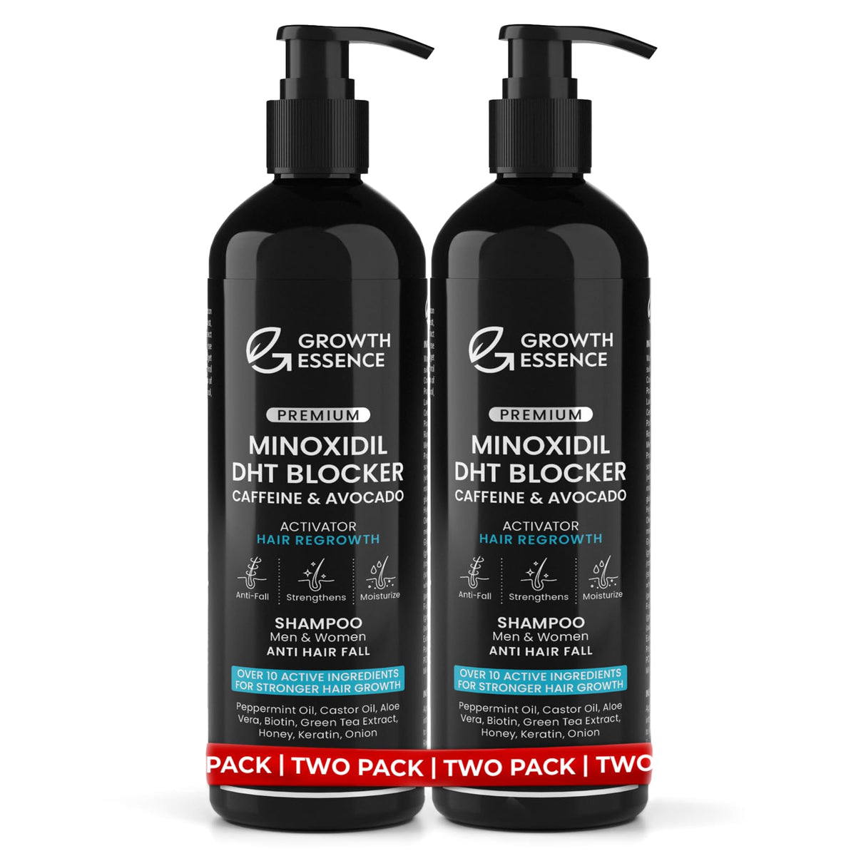 Growth Essence front packaging showing two shampoo bottles and product benefit