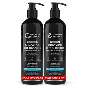 Growth Essence front packaging showing two shampoo bottles and product benefit