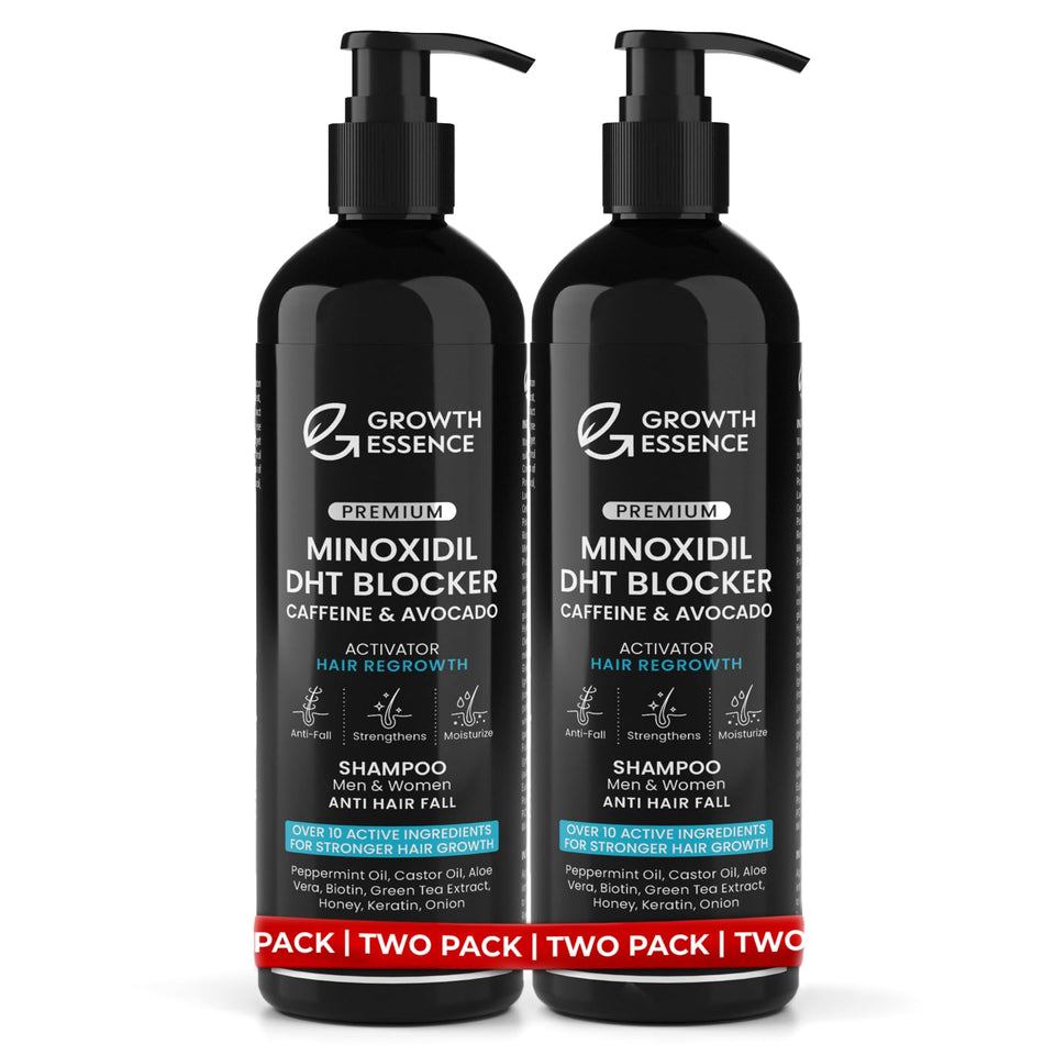 Growth Essence front packaging showing two shampoo bottles and product benefit