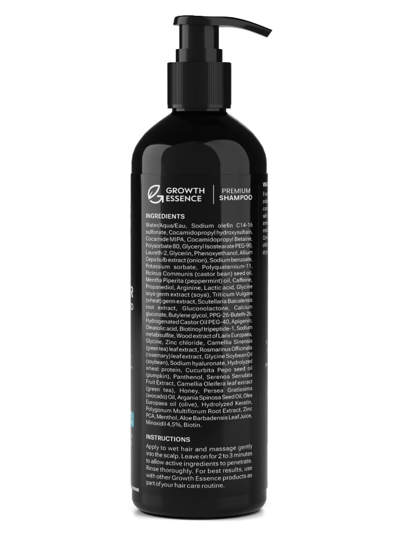 Growth Essence bottle on shower shelf portraying daily routine use