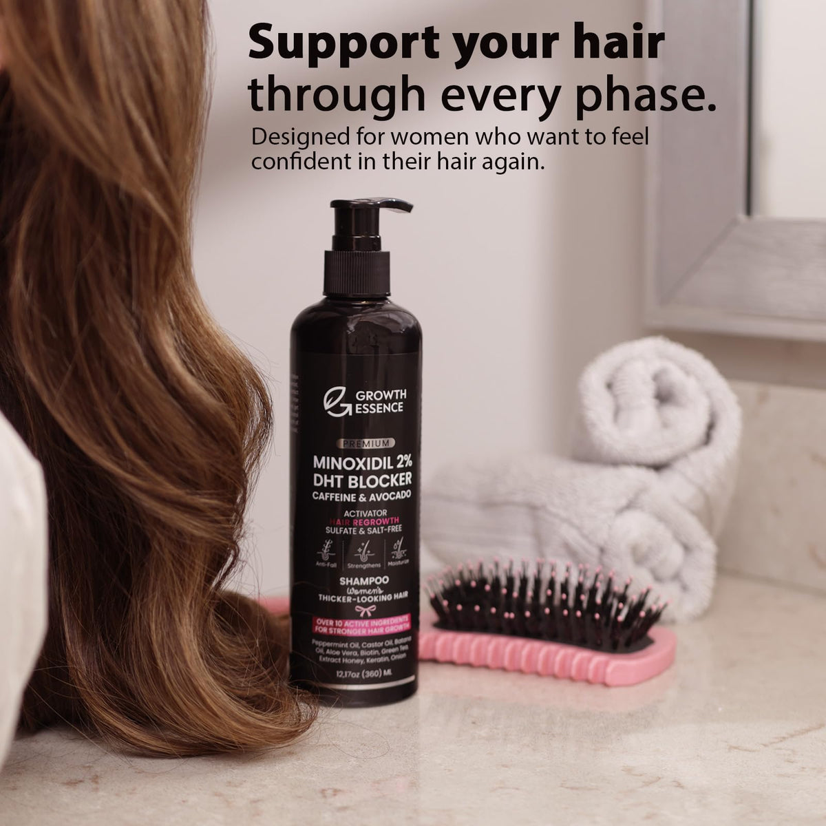 Growth Essence shampoo foam texture highlighting gentle lather