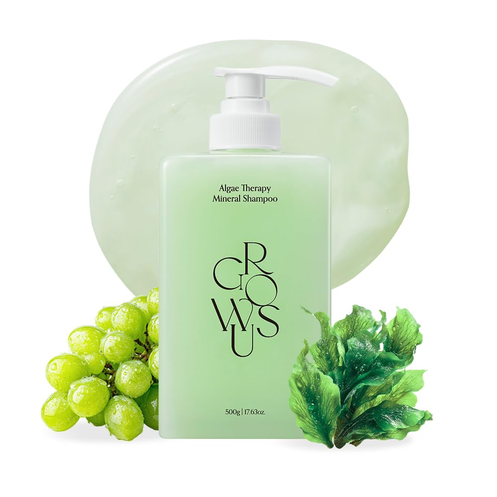 GROWUS front packaging showing algae therapy shampoo benefits and clean design