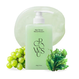 GROWUS front packaging showing algae therapy shampoo benefits and clean design