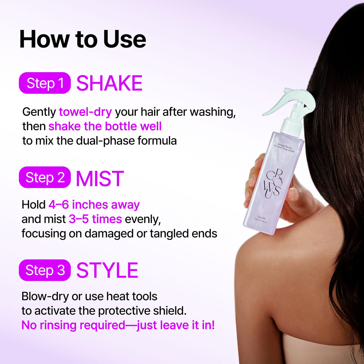 GROWUS used before flat iron to show heat protection and shine
