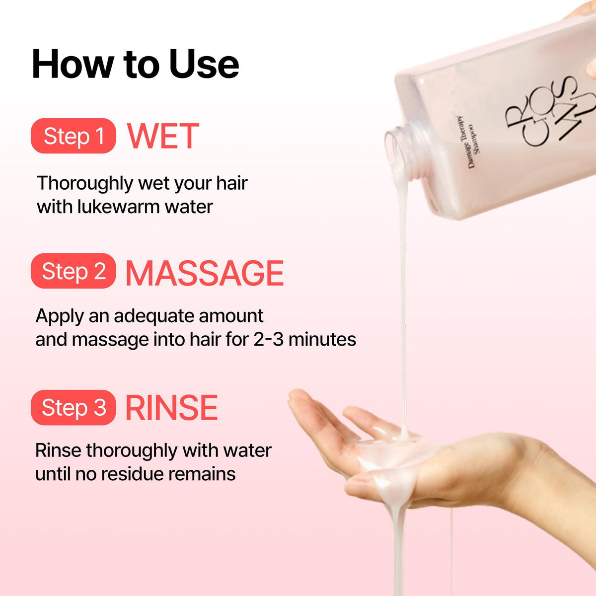 GROWUS shampoo being used in shower delivering gentle cleanse and spa-like scent benefit