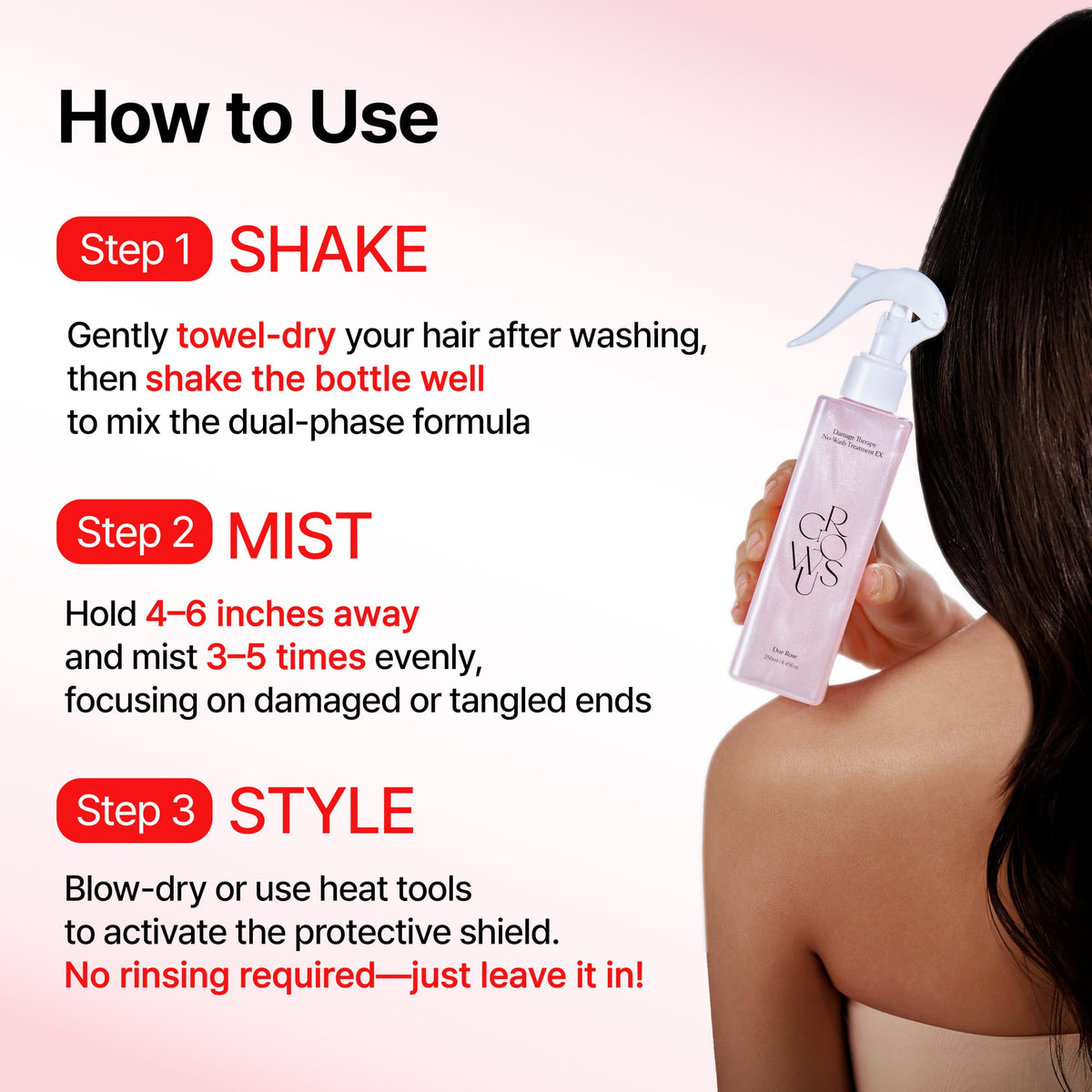 GROWUS used with blow dryer showing heat protection during styling