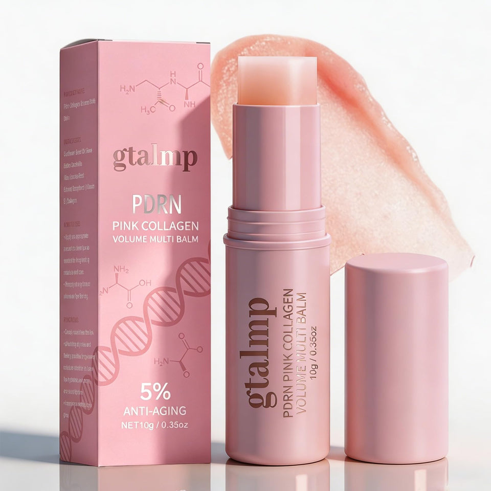 gtalmp front packaging of PDRN pink collagen stick shows compact travel-ready balm