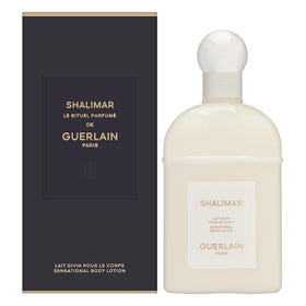 Guerlain Shalimar body lotion front packaging showing elegant bottle and label for luxury gifting