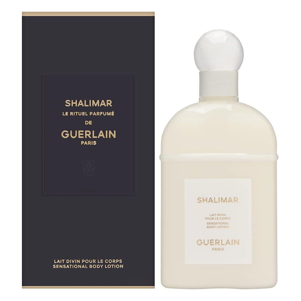 Guerlain Shalimar body lotion front packaging showing elegant bottle and label for luxury gifting