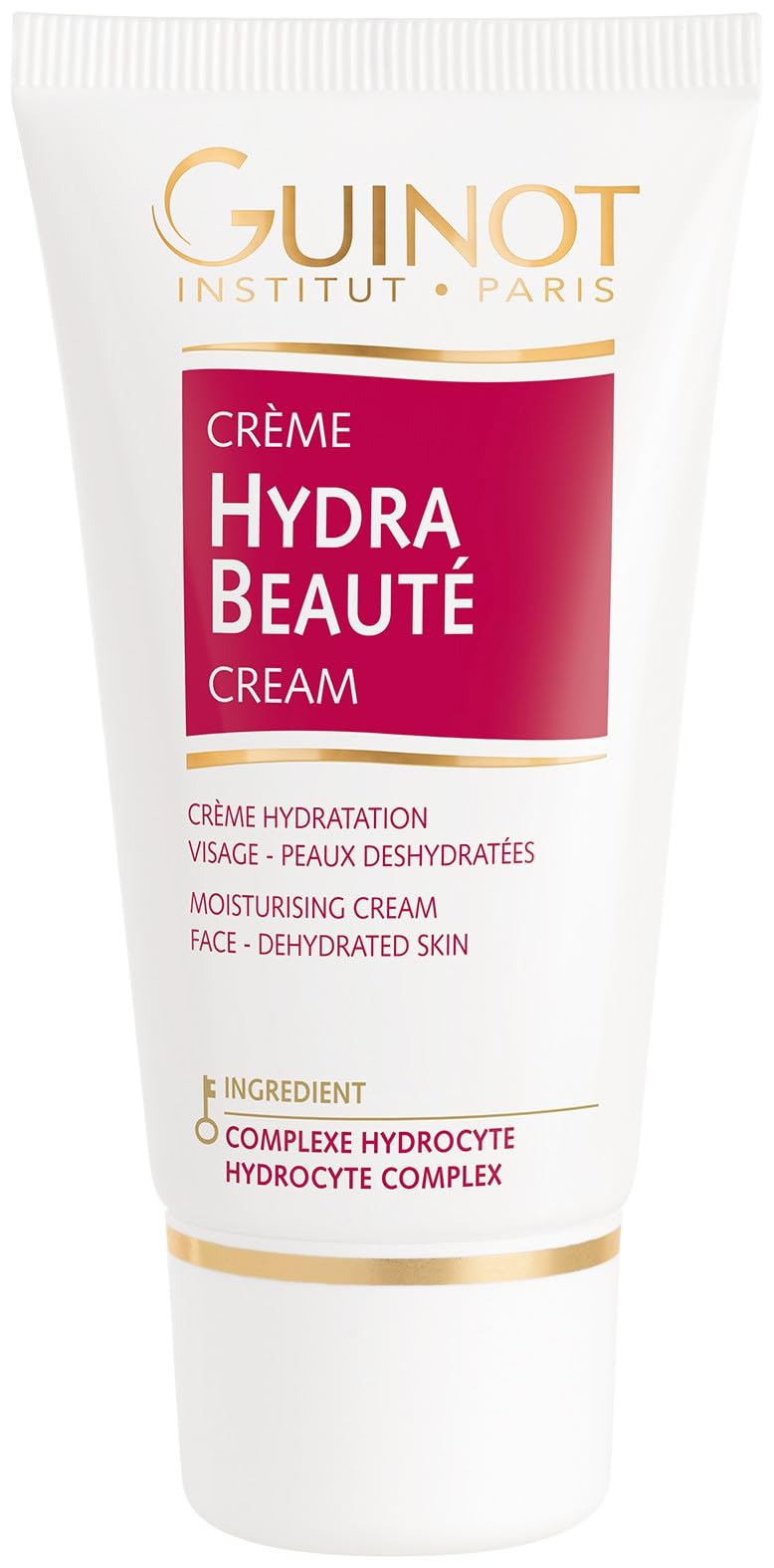 Guinot creme hydra beaute jar front showing label and compact size, promoting lasting hydration