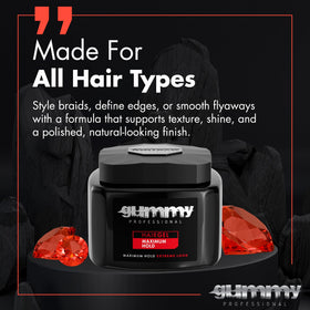 Gummy edge control close-up showing precise hold for hairline styling