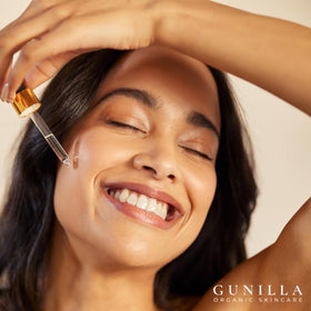 Gunilla Of Sweden serum bottle on vanity in lifestyle setting for daily routine ease