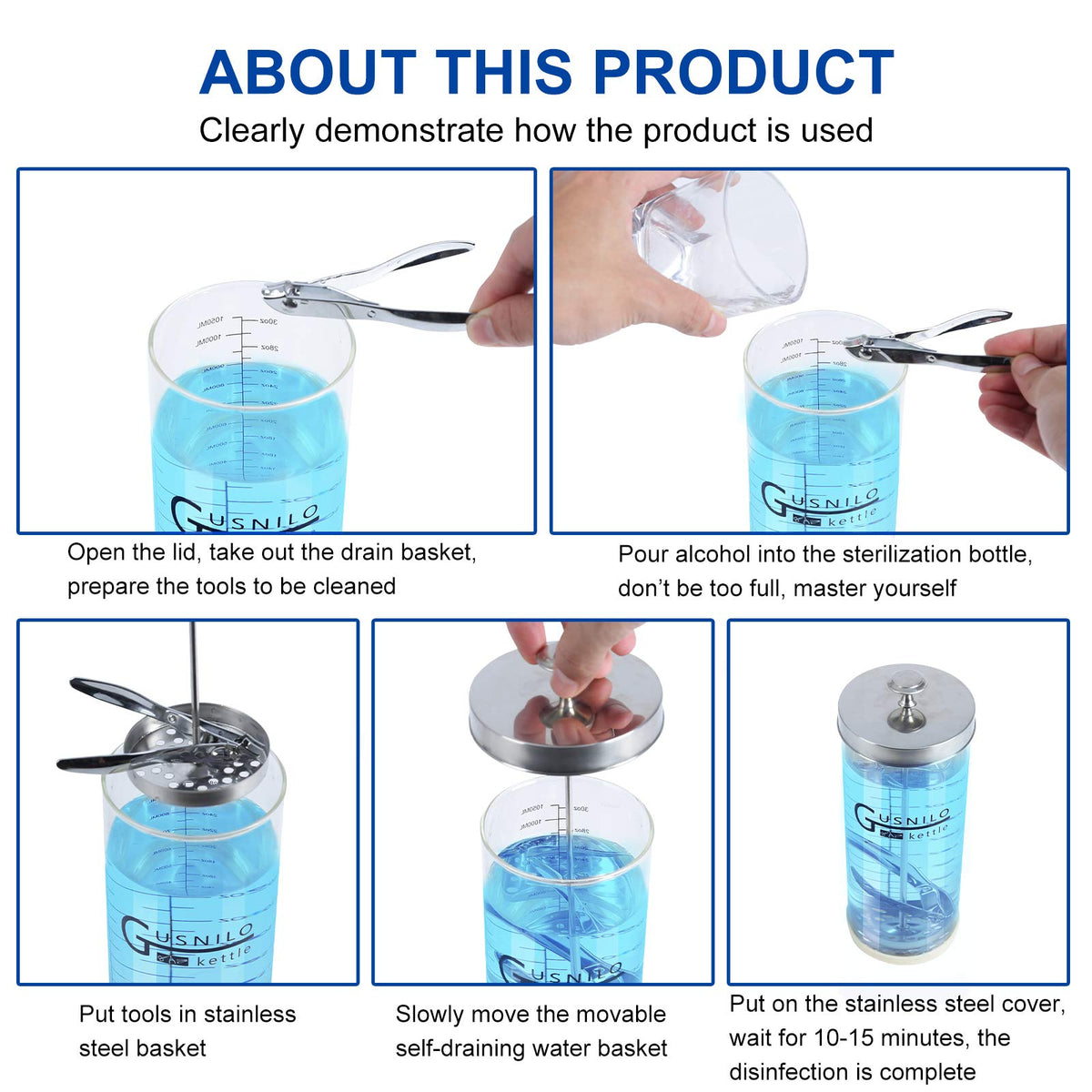 Gusnilo jar with combs and scissors in disinfectant demonstrating organized soaking