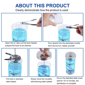 Gusnilo jar with combs and scissors in disinfectant demonstrating organized soaking