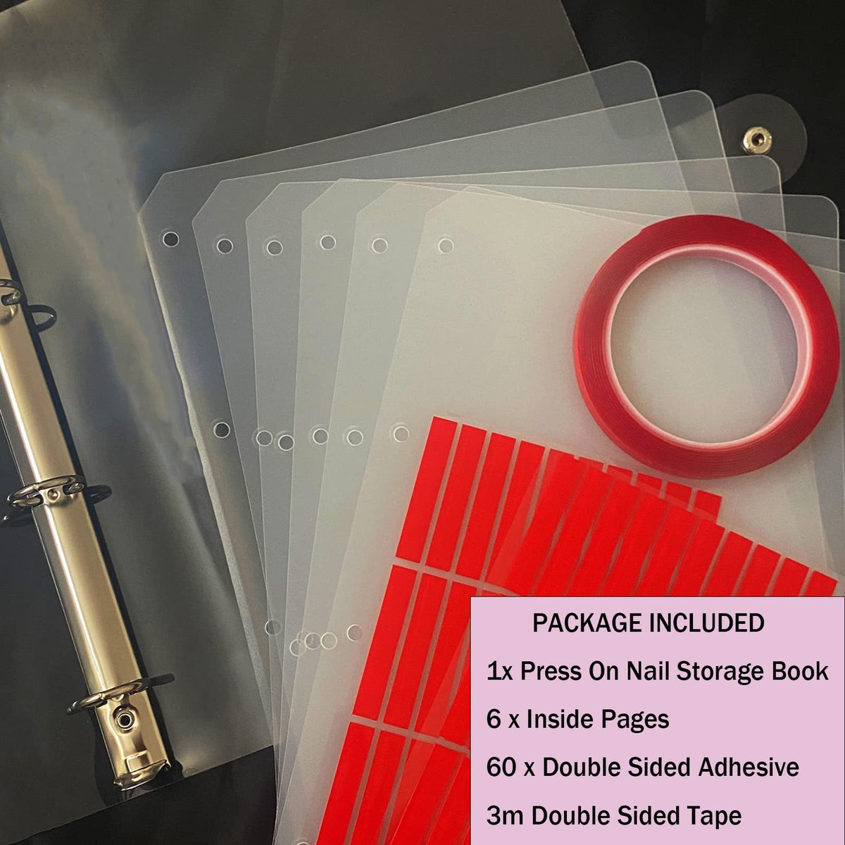 GUXACU inside page close-up displaying clear pockets and neat nail display benefit organization
