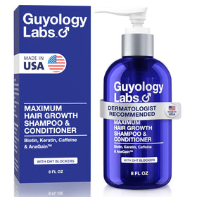 Guyology Labs front packaging showing shampoo and conditioner benefits