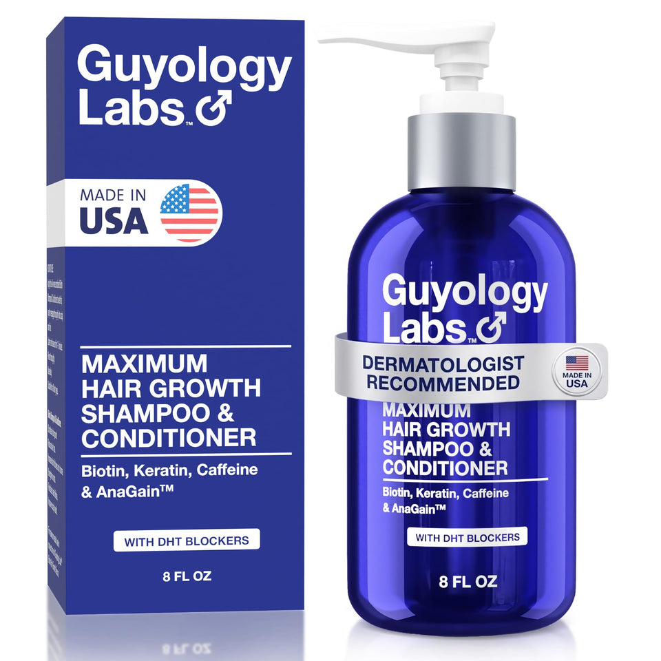 Guyology Labs front packaging showing shampoo and conditioner benefits