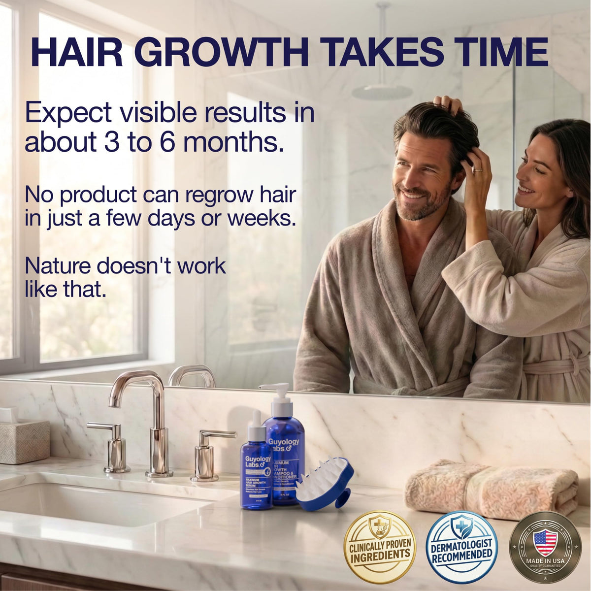 Guyology Labs product on bathroom shelf in lifestyle setting for routine appeal
